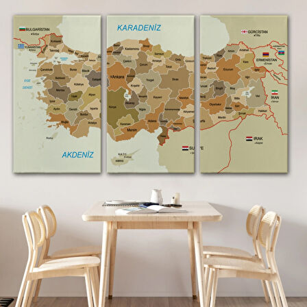 Eğitici Sınır Komşulu Türkiye Haritası, Harita Dekoratif Kanvas Tablo, Duvar Dekoru 3104