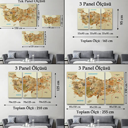 Eğitici Sınır Komşulu Türkiye Haritası, Harita Dekoratif Kanvas Tablo, Duvar Dekoru 3104