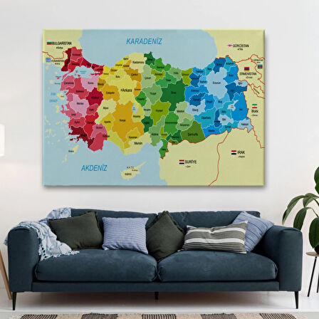 Eğitici Sınır Komşulu Türkiye Haritası, Harita Dekoratif Kanvas Tablo, Duvar Dekoru 3105