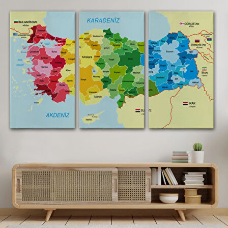 Eğitici Sınır Komşulu Türkiye Haritası, Harita Dekoratif Kanvas Tablo, Duvar Dekoru 3105