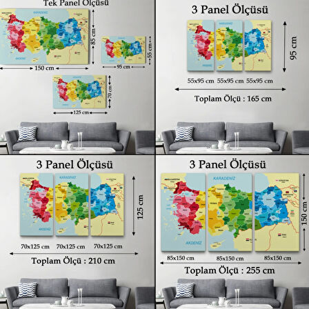 Eğitici Sınır Komşulu Türkiye Haritası, Harita Dekoratif Kanvas Tablo, Duvar Dekoru 3105