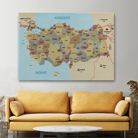 Eğitici Sınır Komşulu Türkiye Haritası, Harita Dekoratif Kanvas Tablo, Duvar Dekoru 3106