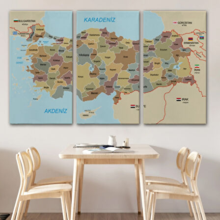 Eğitici Sınır Komşulu Türkiye Haritası, Harita Dekoratif Kanvas Tablo, Duvar Dekoru 3106