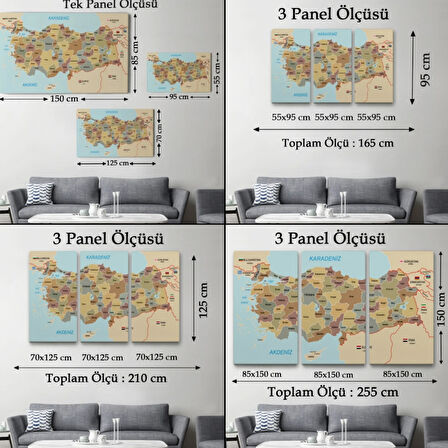 Eğitici Sınır Komşulu Türkiye Haritası, Harita Dekoratif Kanvas Tablo, Duvar Dekoru 3106