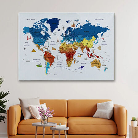 Eğitici Detaylı Sembollü Türkçe Dünya Haritası Dekoratif Kanvas Tablo, Duvar Dekoru 3166