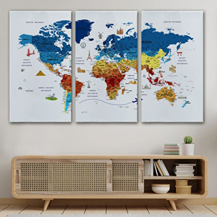 Eğitici Detaylı Sembollü Türkçe Dünya Haritası Dekoratif Kanvas Tablo, Duvar Dekoru 3166