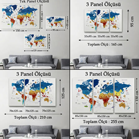 Eğitici Detaylı Sembollü Türkçe Dünya Haritası Dekoratif Kanvas Tablo, Duvar Dekoru 3166