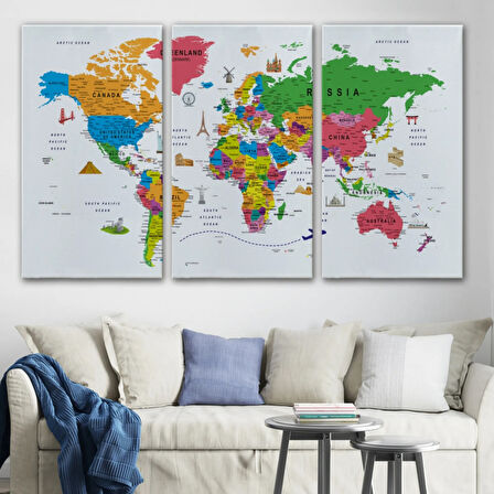 Eğitici Detaylı Sembollü İngilizce Dünya Haritası Dekoratif Kanvas Tablo, Duvar Dekoru 3173