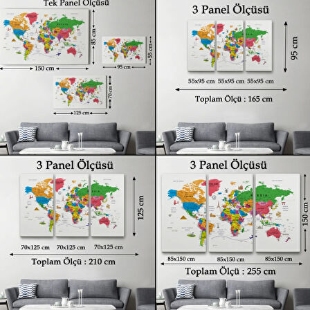 Eğitici Detaylı Sembollü İngilizce Dünya Haritası Dekoratif Kanvas Tablo, Duvar Dekoru 3173