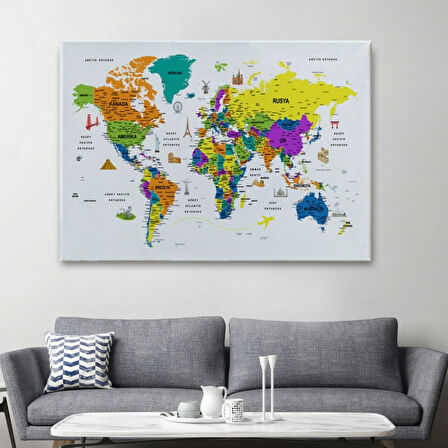 Eğitici Detaylı Sembollü Türkçe Dünya Haritası Dekoratif Kanvas Tablo, Duvar Dekoru 3178