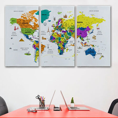 Eğitici Detaylı Sembollü Türkçe Dünya Haritası Dekoratif Kanvas Tablo, Duvar Dekoru 3178