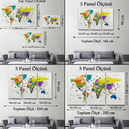Eğitici Detaylı Sembollü Türkçe Dünya Haritası Dekoratif Kanvas Tablo, Duvar Dekoru 3178