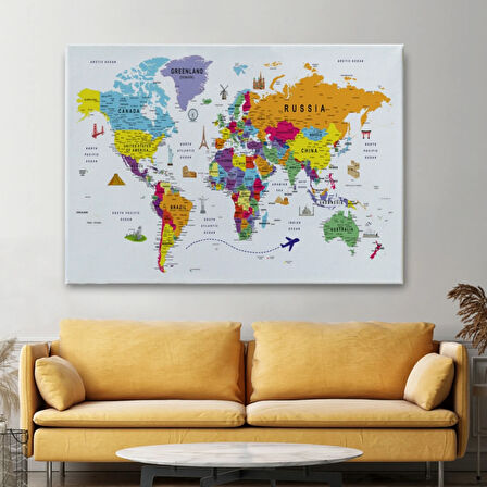 Eğitici Detaylı Sembollü İngilizce Dünya Haritası Dekoratif Kanvas Tablo, Duvar Dekoru 3179