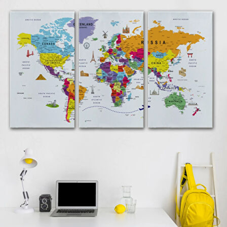 Eğitici Detaylı Sembollü İngilizce Dünya Haritası Dekoratif Kanvas Tablo, Duvar Dekoru 3179