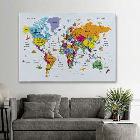 Eğitici Detaylı Sembollü Türkçe Dünya Haritası Dekoratif Kanvas Tablo, Duvar Dekoru 3180