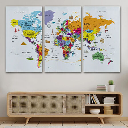 Eğitici Detaylı Sembollü Türkçe Dünya Haritası Dekoratif Kanvas Tablo, Duvar Dekoru 3180