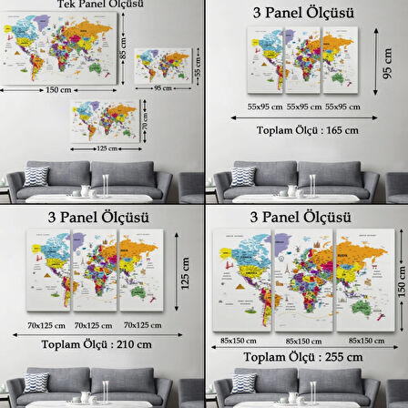 Eğitici Detaylı Sembollü Türkçe Dünya Haritası Dekoratif Kanvas Tablo, Duvar Dekoru 3180