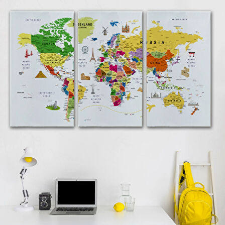 Eğitici Detaylı Sembollü İngilizce Dünya Haritası Dekoratif Kanvas Tablo, Duvar Dekoru 3185