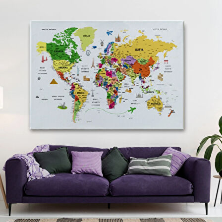 Eğitici Detaylı Sembollü Türkçe Dünya Haritası Dekoratif Kanvas Tablo, Duvar Dekoru 3186