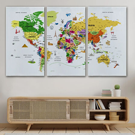 Eğitici Detaylı Sembollü Türkçe Dünya Haritası Dekoratif Kanvas Tablo, Duvar Dekoru 3186