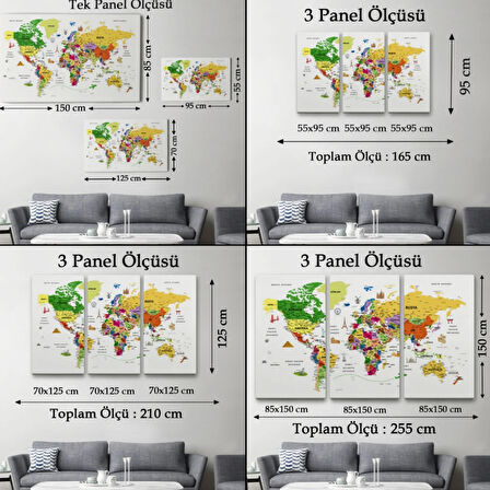 Eğitici Detaylı Sembollü Türkçe Dünya Haritası Dekoratif Kanvas Tablo, Duvar Dekoru 3186