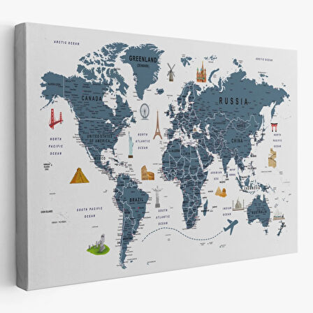 Eğitici Detaylı Sembollü İngilizce Dünya Haritası Dekoratif Kanvas Tablo, Duvar Dekoru 3187