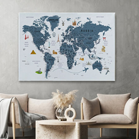 Eğitici Detaylı Sembollü İngilizce Dünya Haritası Dekoratif Kanvas Tablo, Duvar Dekoru 3187