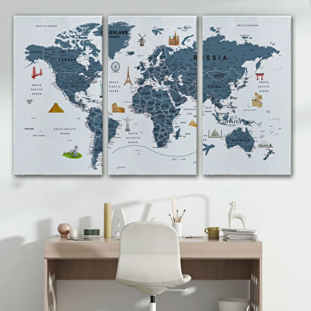 Eğitici Detaylı Sembollü İngilizce Dünya Haritası Dekoratif Kanvas Tablo, Duvar Dekoru 3187