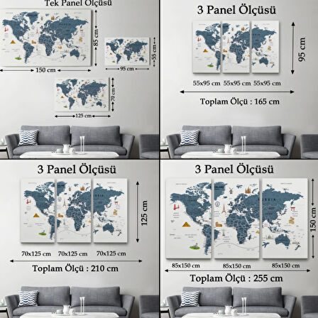 Eğitici Detaylı Sembollü İngilizce Dünya Haritası Dekoratif Kanvas Tablo, Duvar Dekoru 3187