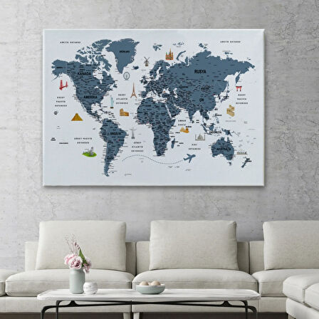 Eğitici Detaylı Sembollü Türkçe Dünya Haritası Dekoratif Kanvas Tablo, Duvar Dekoru 3188