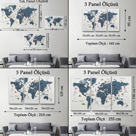Eğitici Detaylı Sembollü Türkçe Dünya Haritası Dekoratif Kanvas Tablo, Duvar Dekoru 3188