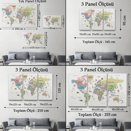 Eğitici Detaylı Sembollü İngilizce Dünya Haritası Dekoratif Kanvas Tablo, Duvar Dekoru 3203
