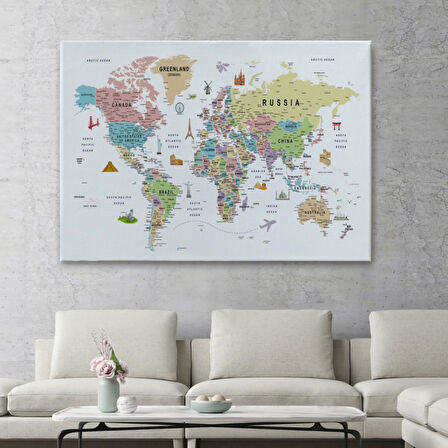 Eğitici Detaylı Sembollü İngilizce Dünya Haritası Dekoratif Kanvas Tablo, Duvar Dekoru 3203