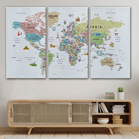 Eğitici Detaylı Sembollü İngilizce Dünya Haritası Dekoratif Kanvas Tablo, Duvar Dekoru 3203