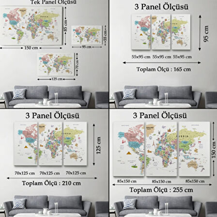 Eğitici Detaylı Sembollü İngilizce Dünya Haritası Dekoratif Kanvas Tablo, Duvar Dekoru 3203