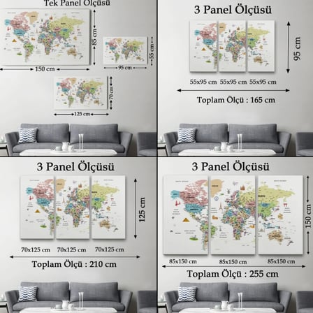 Eğitici Detaylı Sembollü Türkçe Dünya Haritası Dekoratif Kanvas Tablo, Duvar Dekoru 3204