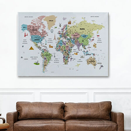 Eğitici Detaylı Sembollü Türkçe Dünya Haritası Dekoratif Kanvas Tablo, Duvar Dekoru 3204