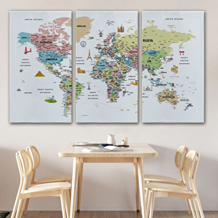 Eğitici Detaylı Sembollü Türkçe Dünya Haritası Dekoratif Kanvas Tablo, Duvar Dekoru 3204