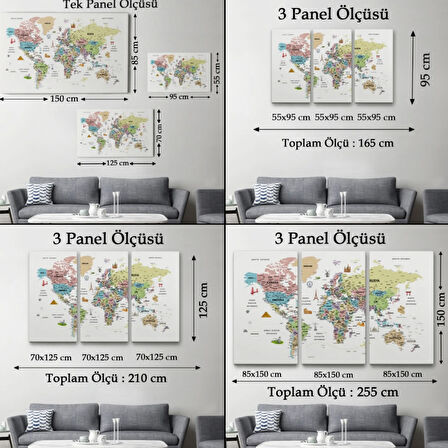 Eğitici Detaylı Sembollü Türkçe Dünya Haritası Dekoratif Kanvas Tablo, Duvar Dekoru 3204
