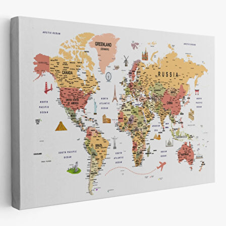 Eğitici Detaylı Sembollü İngilizce Dünya Haritası Dekoratif Kanvas Tablo, Duvar Dekoru 3205