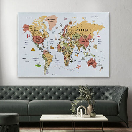 Eğitici Detaylı Sembollü İngilizce Dünya Haritası Dekoratif Kanvas Tablo, Duvar Dekoru 3205