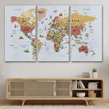 Eğitici Detaylı Sembollü İngilizce Dünya Haritası Dekoratif Kanvas Tablo, Duvar Dekoru 3205