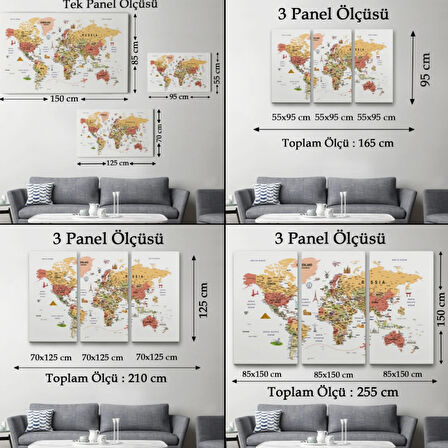 Eğitici Detaylı Sembollü İngilizce Dünya Haritası Dekoratif Kanvas Tablo, Duvar Dekoru 3205