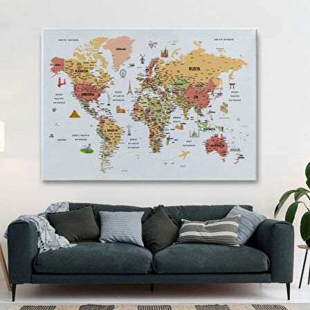 Eğitici Detaylı Sembollü Türkçe Dünya Haritası Dekoratif Kanvas Tablo, Duvar Dekoru 3206