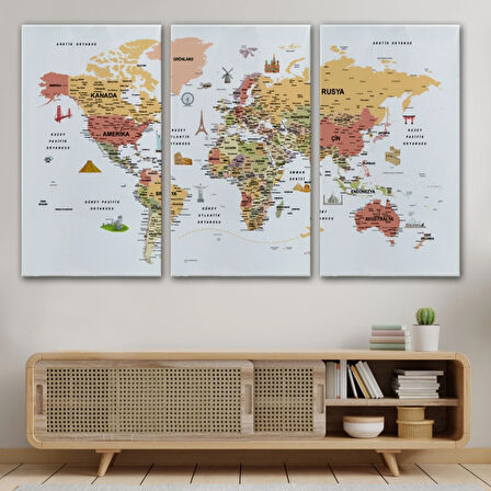 Eğitici Detaylı Sembollü Türkçe Dünya Haritası Dekoratif Kanvas Tablo, Duvar Dekoru 3206