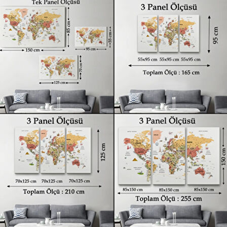 Eğitici Detaylı Sembollü Türkçe Dünya Haritası Dekoratif Kanvas Tablo, Duvar Dekoru 3206