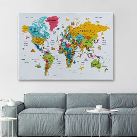 Eğitici Detaylı Sembollü İngilizce Dünya Haritası Dekoratif Kanvas Tablo, Duvar Dekoru 3213