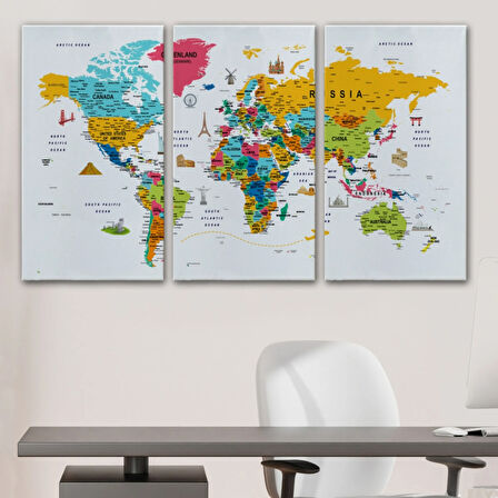 Eğitici Detaylı Sembollü İngilizce Dünya Haritası Dekoratif Kanvas Tablo, Duvar Dekoru 3213