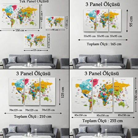 Eğitici Detaylı Sembollü İngilizce Dünya Haritası Dekoratif Kanvas Tablo, Duvar Dekoru 3213