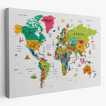Eğitici Detaylı Sembollü İngilizce Dünya Haritası Dekoratif Kanvas Tablo, Duvar Dekoru 3215